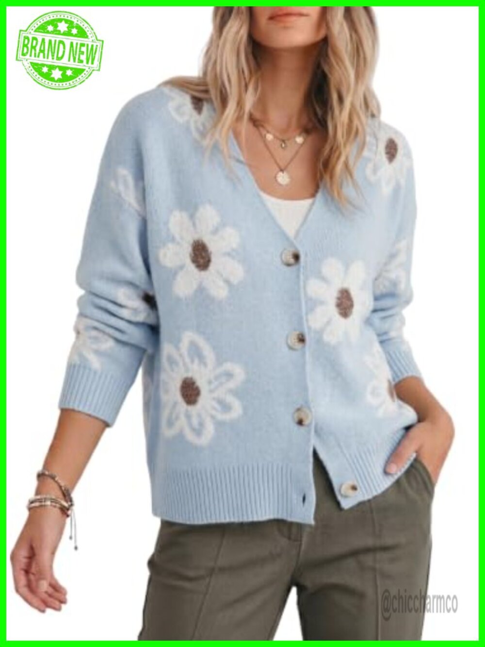 Womens Floral Knit Open Front Cardigan Sweater Button Down Long Sleeve